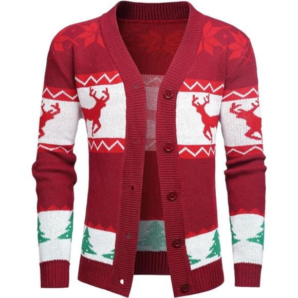Men's Christmas Sweater Long Sleeve Button-Up Cardigan Polyester Knit Pullover